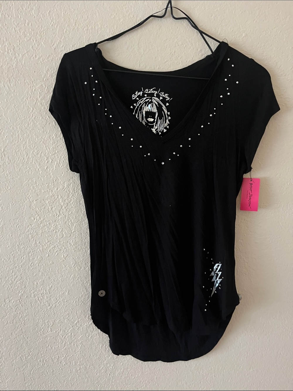 Betsey Johnson Black Short Sleeve V-Neck Top with Stud and Lightning Bolt Detail